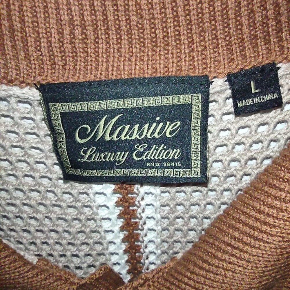 Massive Luxury Edition Crochet Knit Button Shirt Brown, Cream, Rust Stripe L NWT - Picture 4 of 8